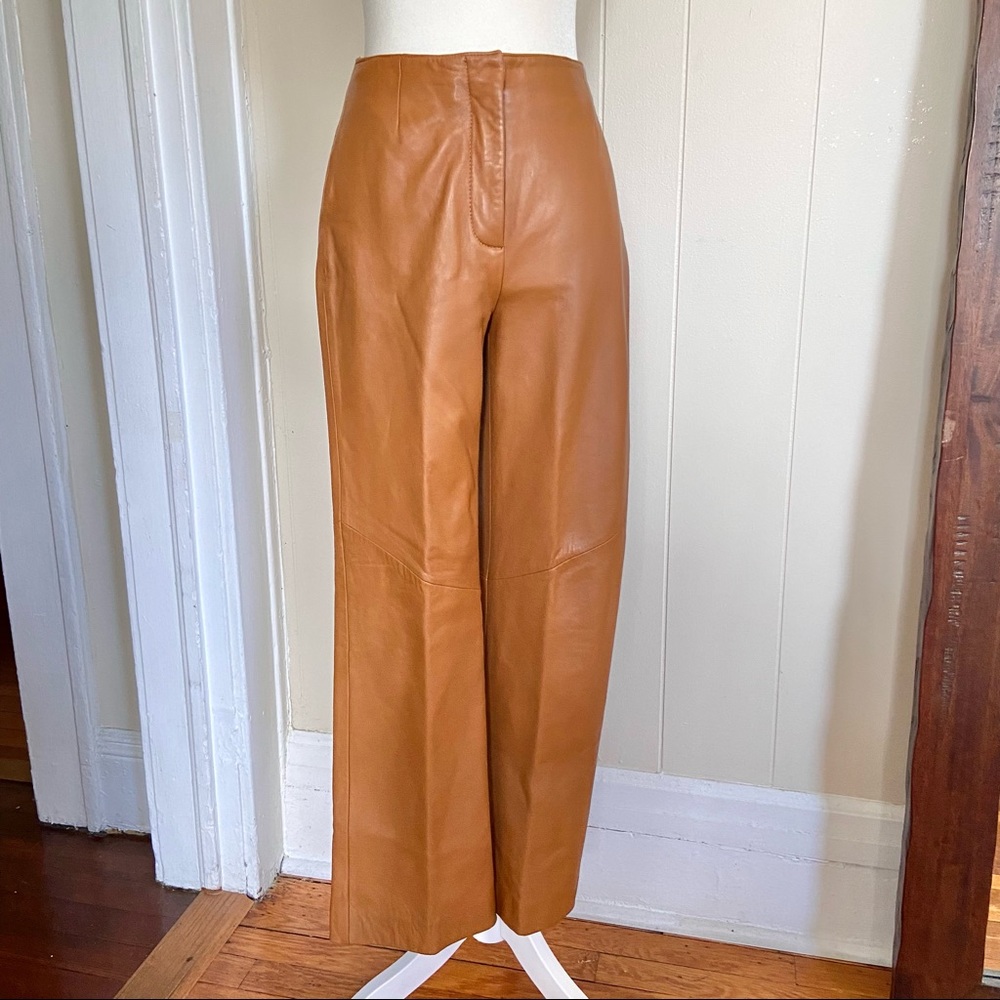 Vintage Siena Studio Tan Brown Leather High Waisted Pants | Straight Leg size 8